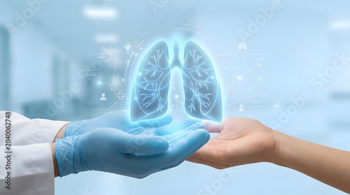 Doctor's gloved hand and patient's hand cradling glowing digital lungs with medical icons in a blurred hospital corridor.