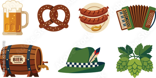Classic German Oktoberfest celebration elements featuring a glass beer mug, wooden barrel, baked pretzel, sausages, accordion, Bavarian hat, and fresh green hops.