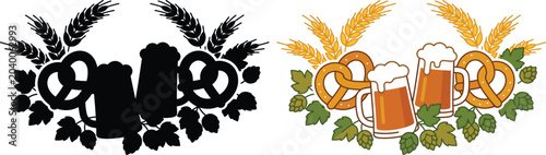 Bild auf Leinwand Traditional Oktoberfest celebration design featuring overflowing glass beer mugs, fresh baked savory pretzels, golden wheat ears, and green hop leaves in a group