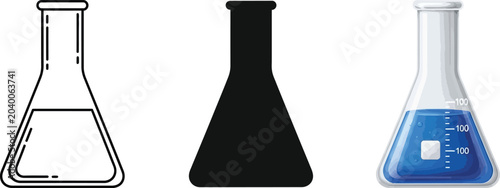 Tableau sur toile Set of three Erlenmeyer flasks including outline silhouette and realistic blue l