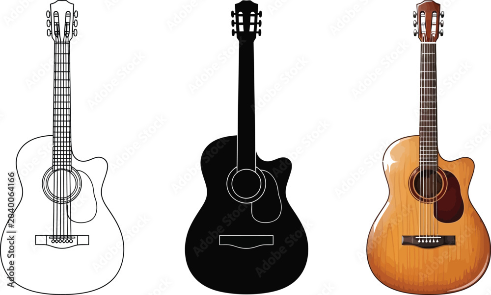 Naklejka premium Set of three acoustic guitars featuring outline silhouette and realistic styles perfect for music-related design projects and isolated on white