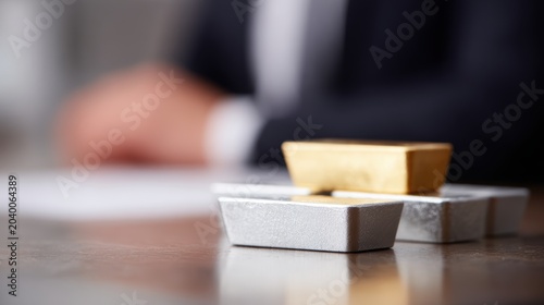 gold and silver bars on desk businessman investing in precious metals concept