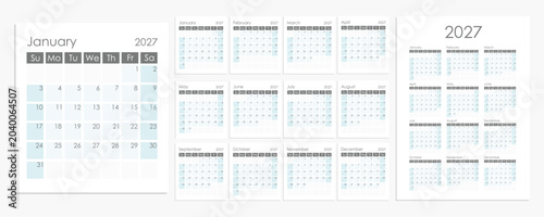 Foto 2027 calendar layout on white background, every month is on a separate page and the whole year calendar is on one page
