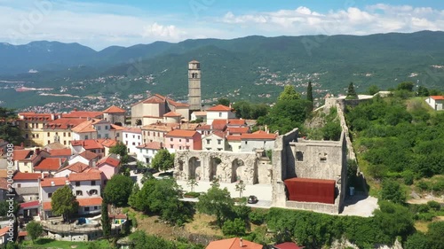 Aerial view of old town of Kastav above Kvarner bay in Croatia