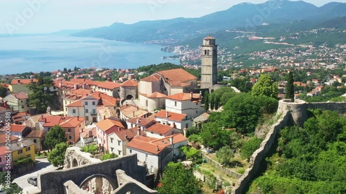 Aerial view of old town of Kastav above Kvarner bay in Croatia