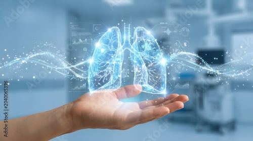 Human hand holding a glowing digital 3D render of lungs with data elements and light particles in a blurred medical environment, representing health technology and innovation.