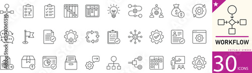 Workflow line icon set for process management, automation, task flow, productivity, and business operations. Editable vector icons for project management tools, business platforms, and workflow system