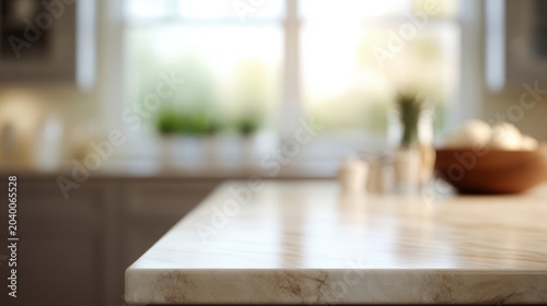 kitchen island countertop with blurred interior background
