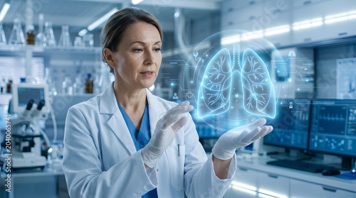 Female scientist in a modern laboratory examining a glowing blue holographic projection of human lungs, representing advanced medical research and innovative healthcare technology.