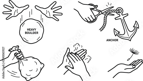 Foto Metaphorical Concept Vector Icon Set Showing Heavy Boulder Release, Cutting Anch