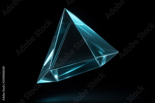 Floating Transparent Glass Tetrahedron Prism on Black Background
