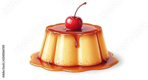 Delicious flan dessert with caramel and cherry isolated , sweet custard pudding with topping on white background
