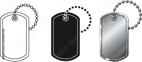 Photos Collection of three dog tag icons including outline solid black and metallic sty