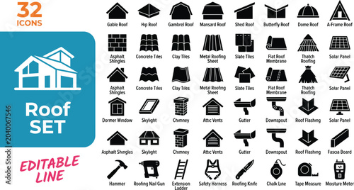 Εκτύπωση καμβά House roof types and construction materials vector icon set, black silhouettes o