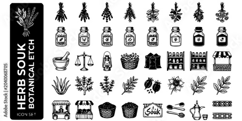 Foto Arabic Herb Souk Botanical Etch Black White-Dried Herb Remedy Jar Apothecary-Med