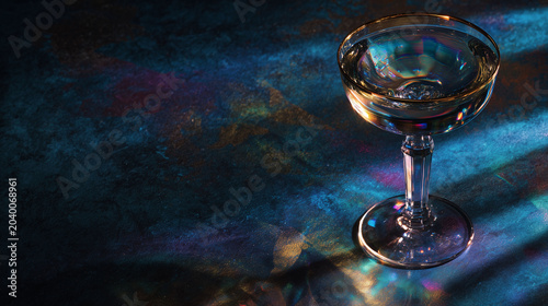 Elegant crystal cocktail glass with colorful neon light reflections on a dark textured surface