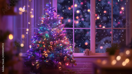 Cozy decorated Christmas tree with lights near the window on a snowy night