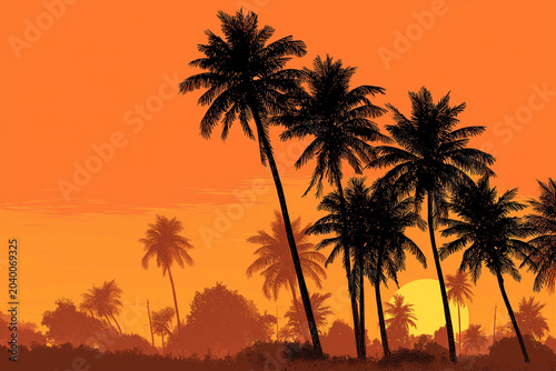 Graphic illustration of palm tree silhouettes at sunset with a large yellow sun, tropical paradise art