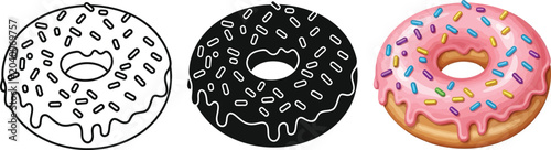 Foto Collection of delicious donuts in various styles including outline silhouette an