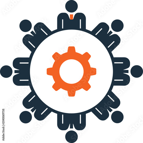 People gathered around table with gear in center representing teamwork, collaboration, and collective problem-solving.