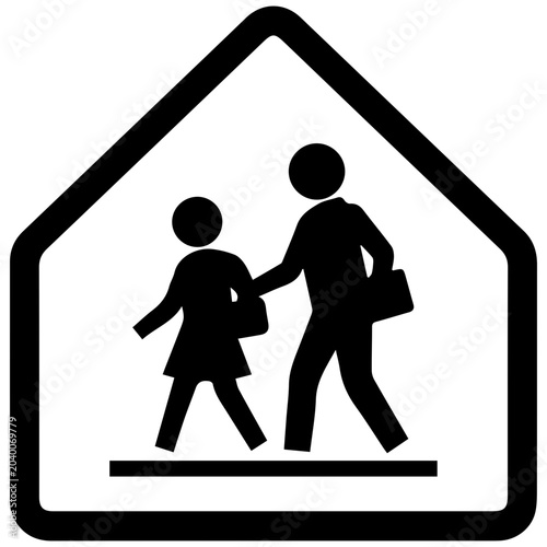 Schilderij op canvas Black and white silhouette of a school zone road sign with children crossing sym