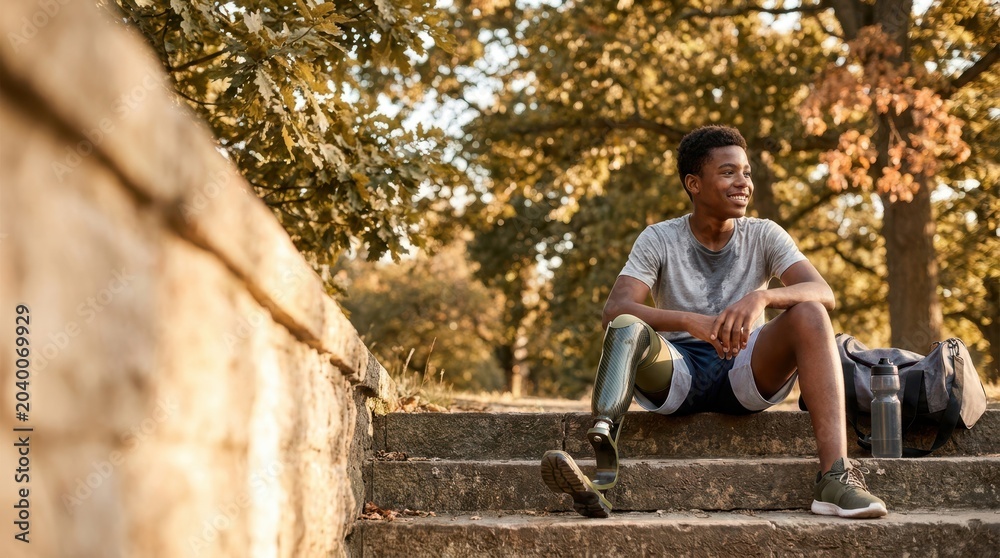 Fototapeta premium Young athlete with prosthetic leg resting after workout in park