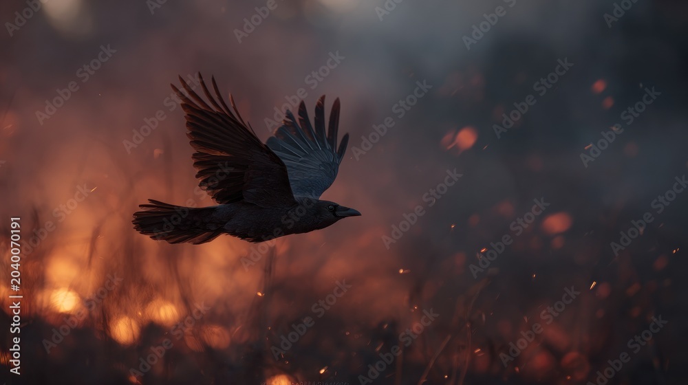 Naklejka premium Raven in flight against a fiery backdrop