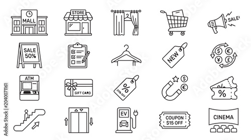 Hand drawn set of shopping mall and retail store icons in line art style with shopping, business