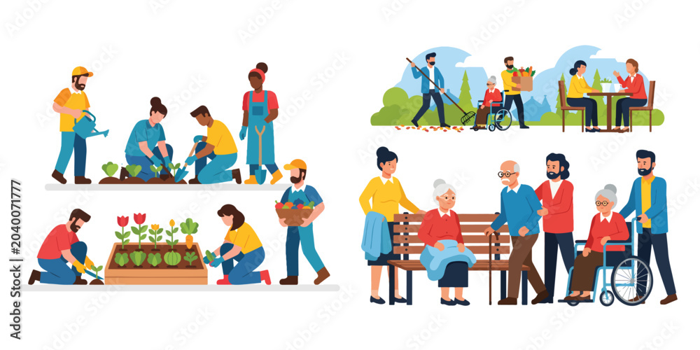 Fototapeta premium Community and Social Support Group Engages in Volunteering and Elderly Care Activities, World Humanitarian Day
