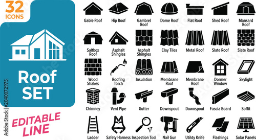 Obraz na płótnie House roof types and construction materials vector icon set, black silhouettes o