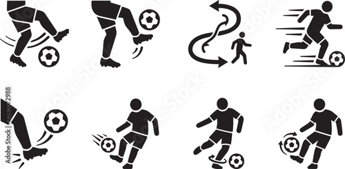 Soccer player ball control and footwork training icons set, football player dribbling juggling running with ball and trick skills vector glyphs