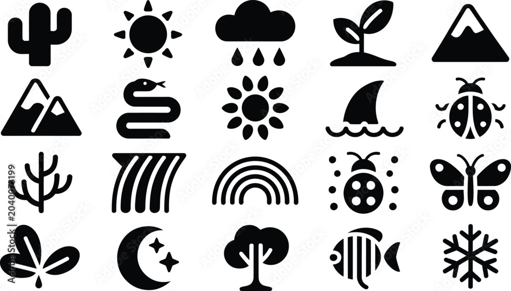 Fototapeta premium Collection of twenty black and white nature themed icons for environmental and outdoor projects