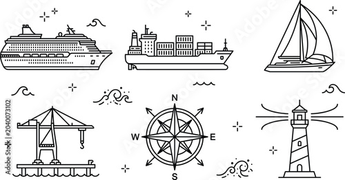 Fotografie Maritime and nautical shipping line icon vector set for ocean navigation transpo
