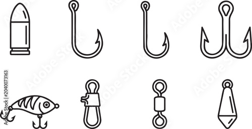 Canvas Print Fishing terminal tackle hooks lure and sinker outline icon set