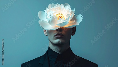 Man in Black Suit with Glowing White Peony Covering His Eyes