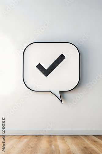 Check mark in speech bubble on white wall with wooden floor 