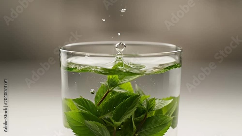Fresh Mint Leaves Infusing in Clear Water, Refreshing Drink Concept
