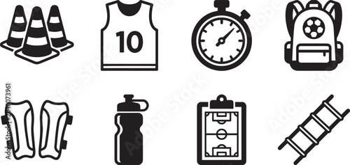 Foto Soccer training gear and football team practice equipment icons set, agility con