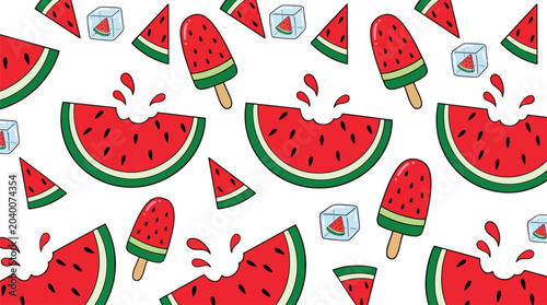 Schilderij op canvas Refreshing Summer Watermelon Slices and Popsicles Seamless Pattern - A Sweet Vec