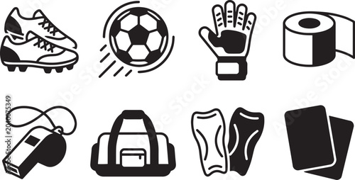 Canvastavla Soccer football kit and match gear icons set, athletic cleats ball goalie glove