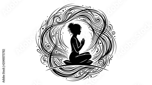Foto Black Silhouette Meditating Figure with Flowing Energy Circles – Inner Peace and