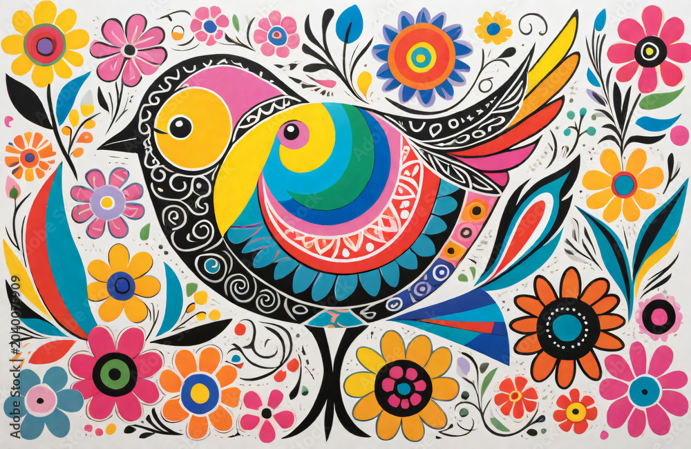 Fototapeta premium Vibrant Colorful Folk Art Bird with Flowers - Bold Rainbow Parrot Floral Illustration
