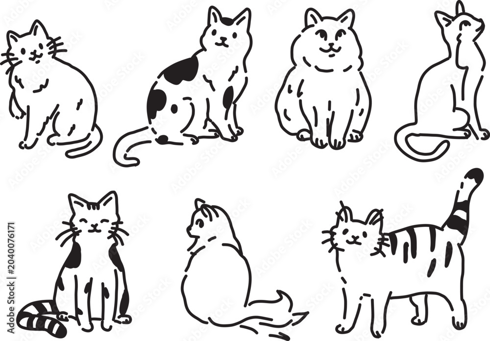 Fototapeta premium Cat set naive black sketch line vector