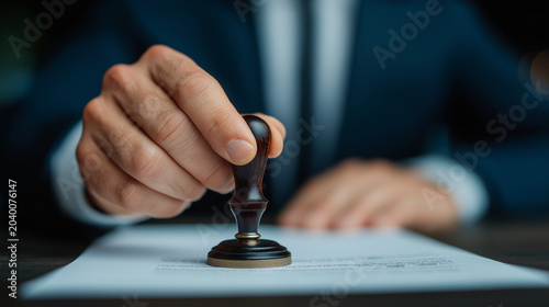 Official Stamp of Approval: A man in a suit carefully applies an official stamp to a document, symbolizing authorization and authenticity in a formal setting.