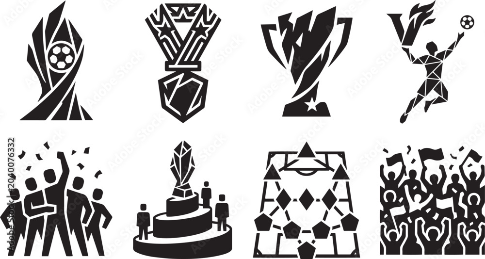 Fototapeta premium Soccer championship rewards and team celebration icons set, football tournament trophy medal field tactics and stadium fans vector glyphs