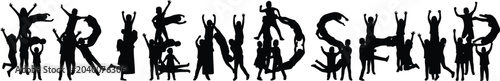 Fotografija Silhouetted people forming the word friendship black and white graphic