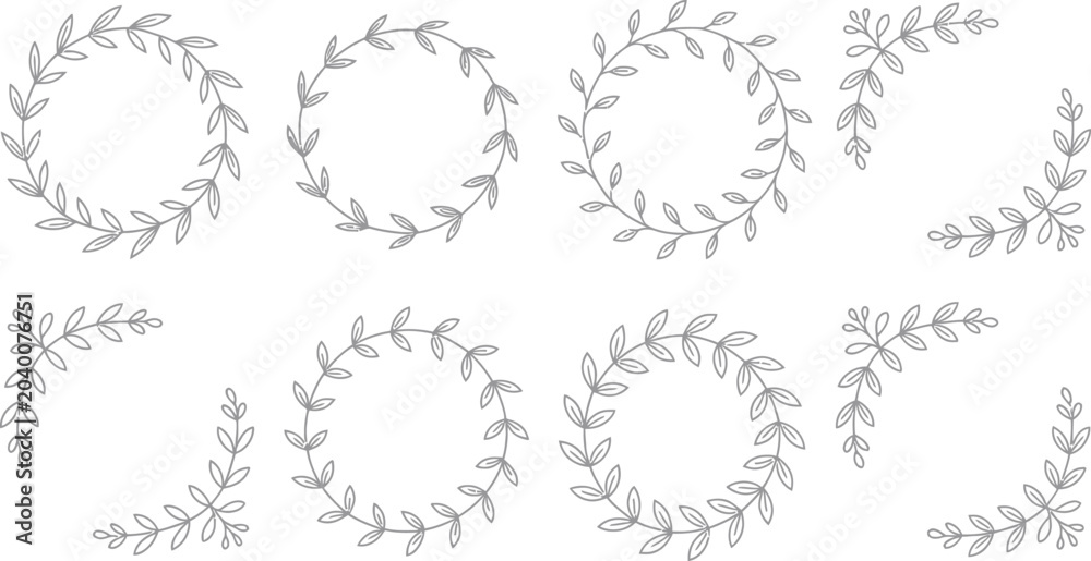 Fototapeta premium Set of eight elegant hand drawn floral wreath and corner frame designs for wedding stationery