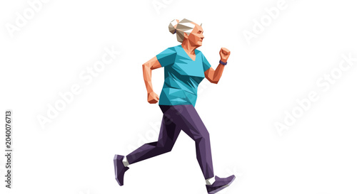 Active elderly woman in athletic attire jogging energetically, isolated on a white background, showcasing healthy lifestyle and fitness