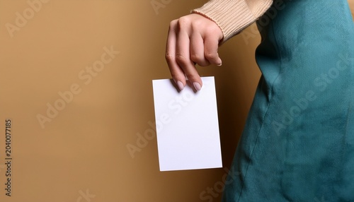 editorial close up of hands holding blank paper card while walking minimal fashion aesthetic