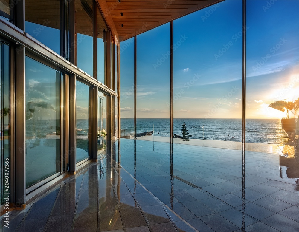 Fototapeta premium glass reflection of sea view through resort lobby windows under summer light